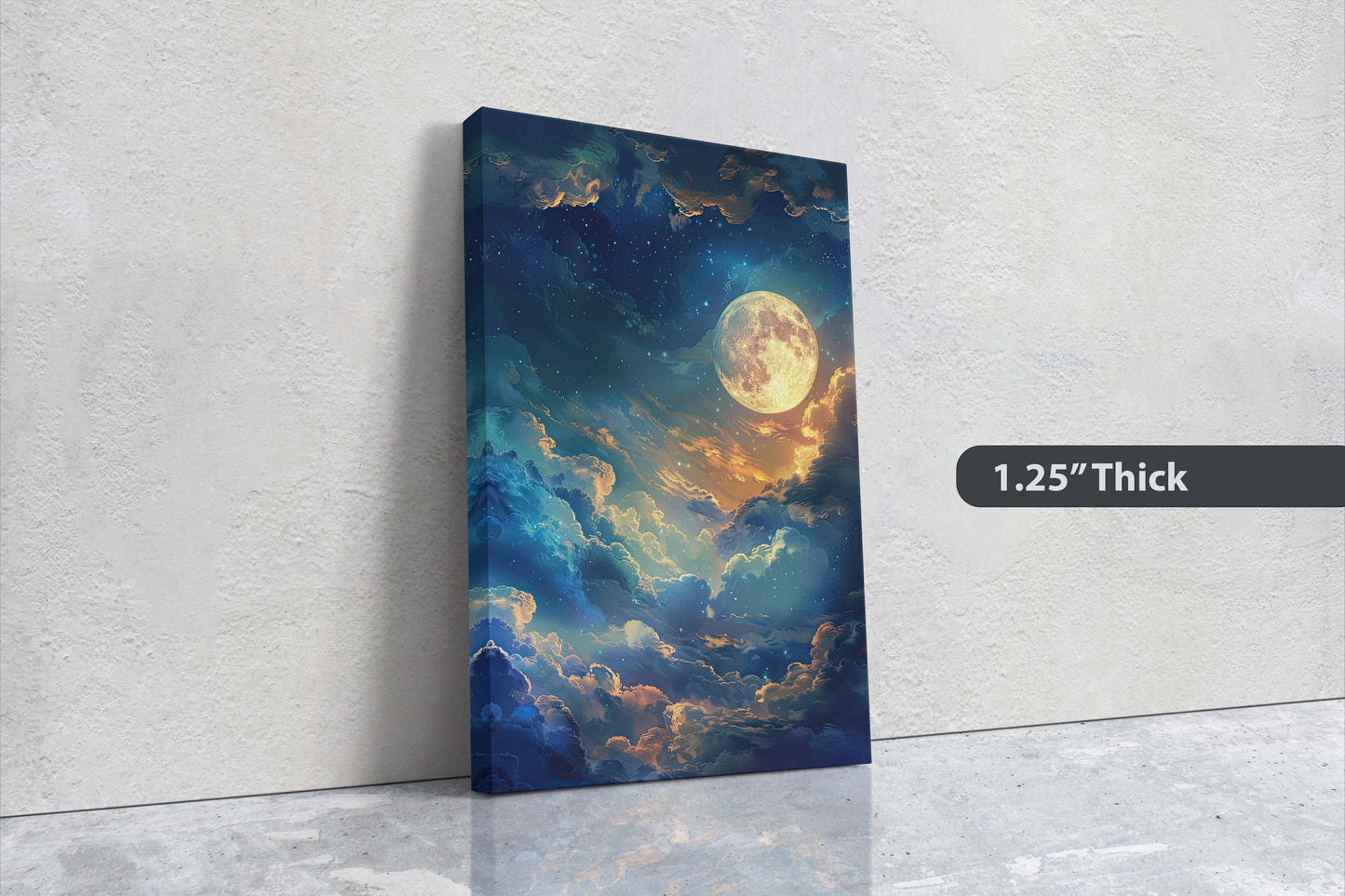 Cloudy Moon Sky, Moonlit Night, Golden Night, Full Moon Painting, Celestial Art, Nature, Retro Style