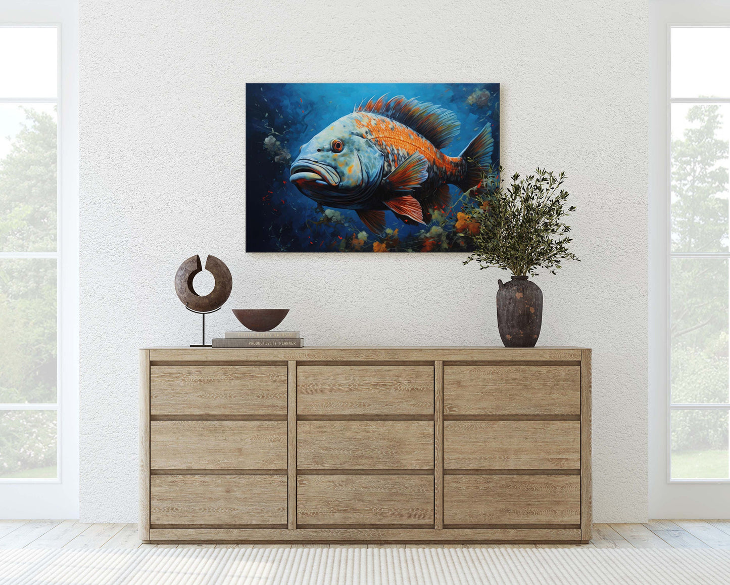 Fish Painting, Canvas Wall Art, Abstract Blue Sea Painting, Boho Wall Décor, Custom Painting, Home Decor,Large Original,Framed Canvas