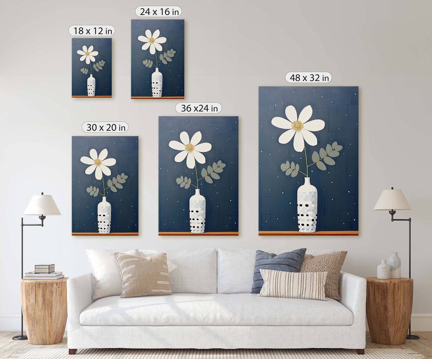 Flower Vase Painting, Contemporary Blue, White Floral Art, Framed Canvas, Large Art Print, Vertical Portrait, Indigo and White, Modern
