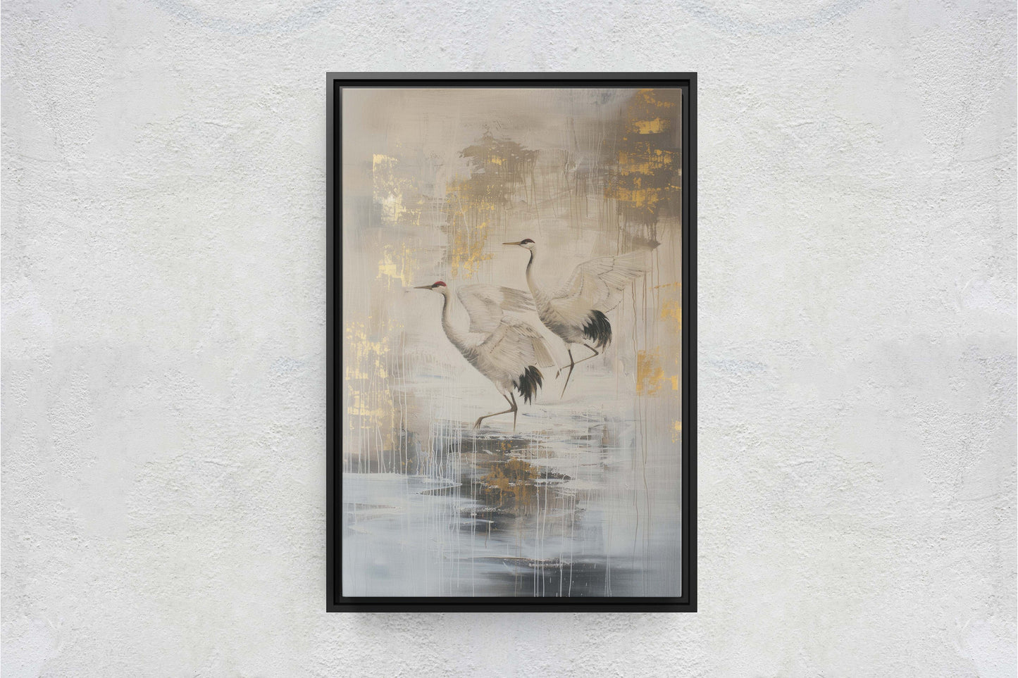 Gold Japanese Cranes, Gold and Beige, Minimalist Art, Heron Decor, Framed Canvas, Japandi Print, Extra Large, Neutral Tones