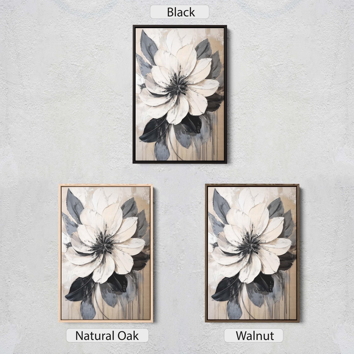 Flower Painting, Black White Flower, Contemporary Art, Beige Black White
