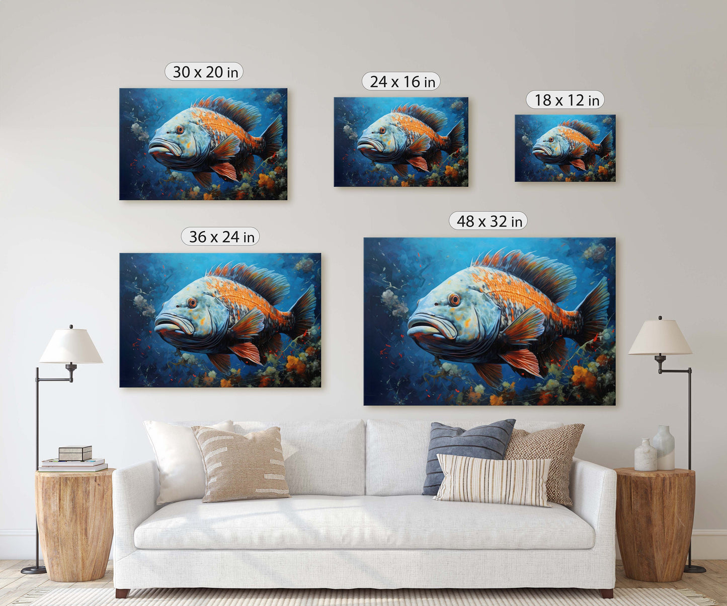 Fish Painting, Canvas Wall Art, Abstract Blue Sea Painting, Boho Wall Décor, Custom Painting, Home Decor,Large Original,Framed Canvas