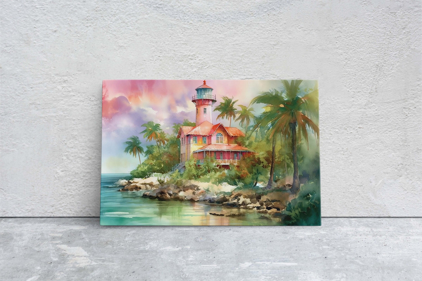 Pink Lighthouse On Canvas, Ocean Painting, Beach House, Watercolor, Palm Trees, Coastal Art, Coastline Villa, Framed Canvas