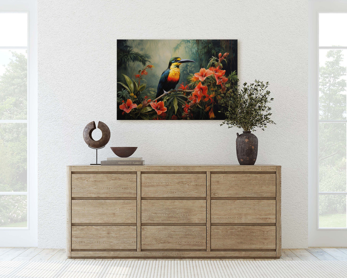 Jungle Bird Painting, Jungle Art, Green Jungle, Framed Canvas, Large Print, Beautiful Bird, Flower Jungle, Tropical Forest, Rainforest Art