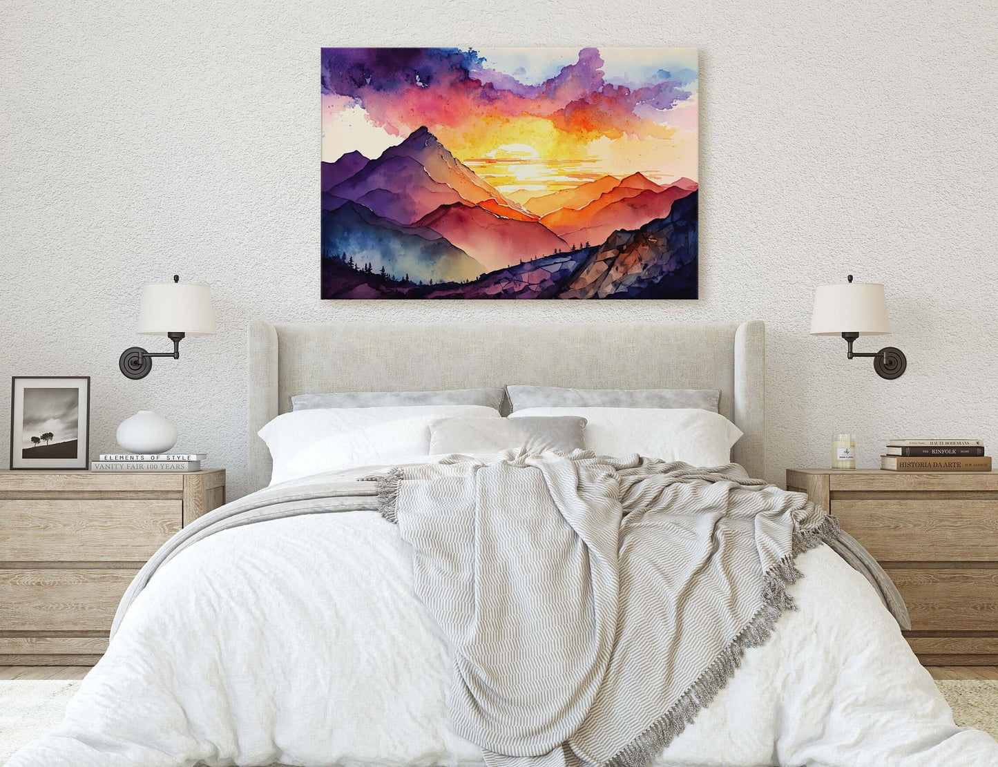Watercolor mountains, Colorful sunset, Canvas Art, Large Print, Painting, Landscape, vibrant colors, dramatic landscape, living room