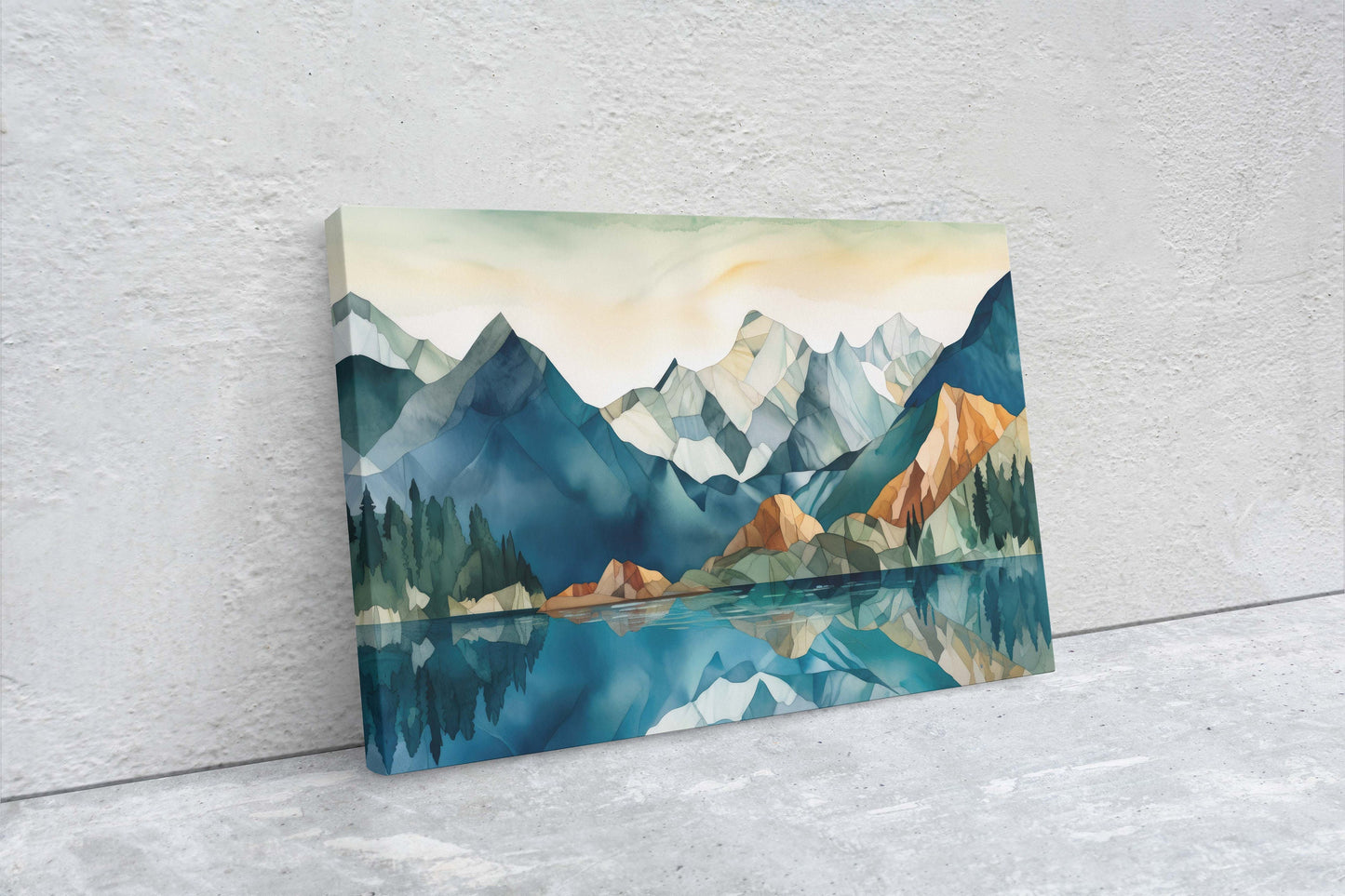 Lakeside Mountains on Canvas, Lake View mountains, Abstract Landscape, Modern Landscape, Neutral Tones, Subtle color, Watercolor Print