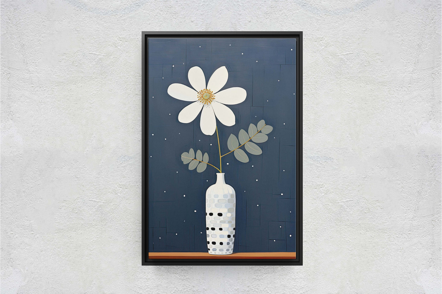Flower Vase Painting, Contemporary Blue, White Floral Art, Framed Canvas, Large Art Print, Vertical Portrait, Indigo and White, Modern