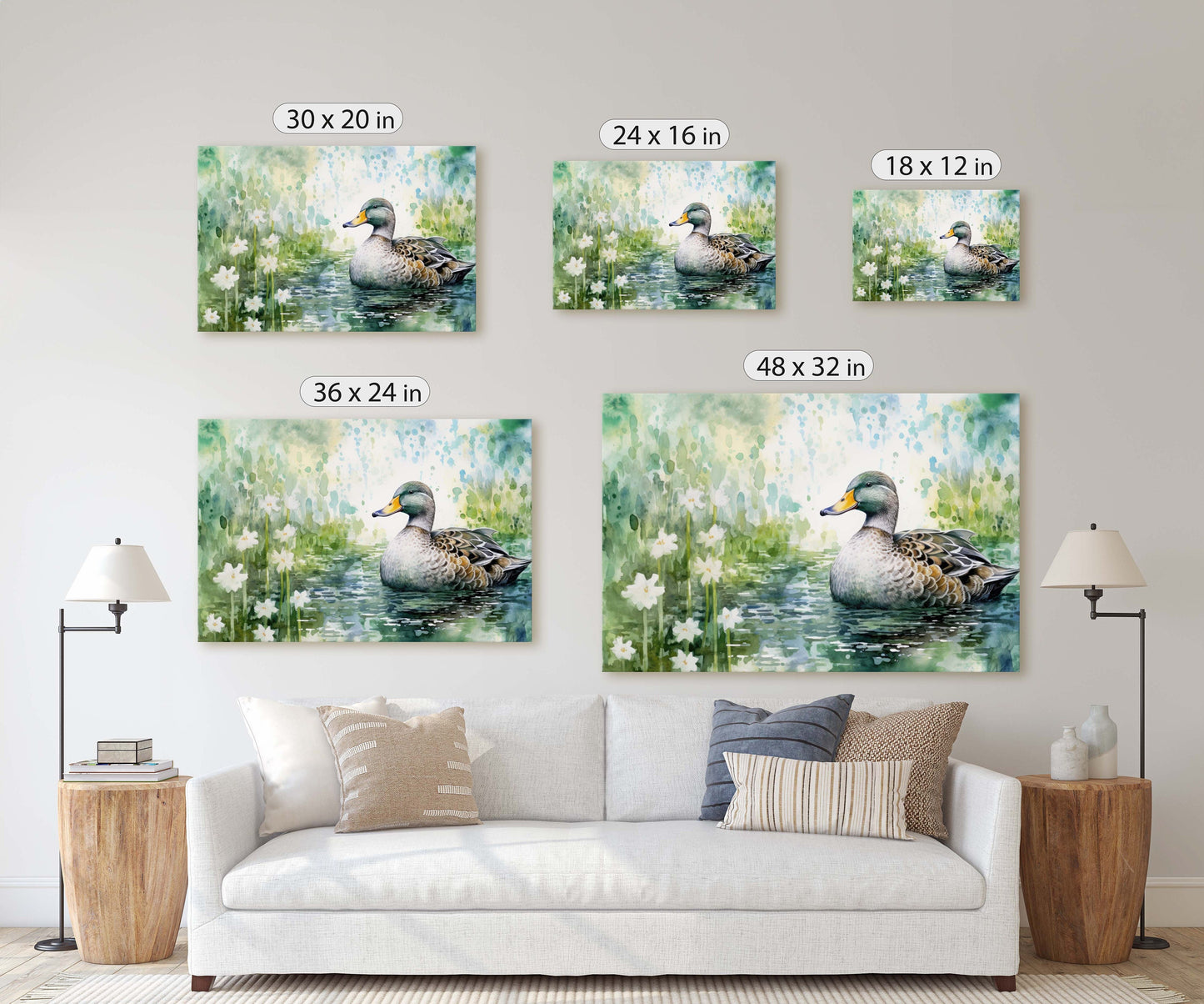 Duck Painting, Duck on Pond, Mallard Duck, Bird Art, Green Pond, Framed Canvas, Large Art Print, Traditional Print, Avian Decor