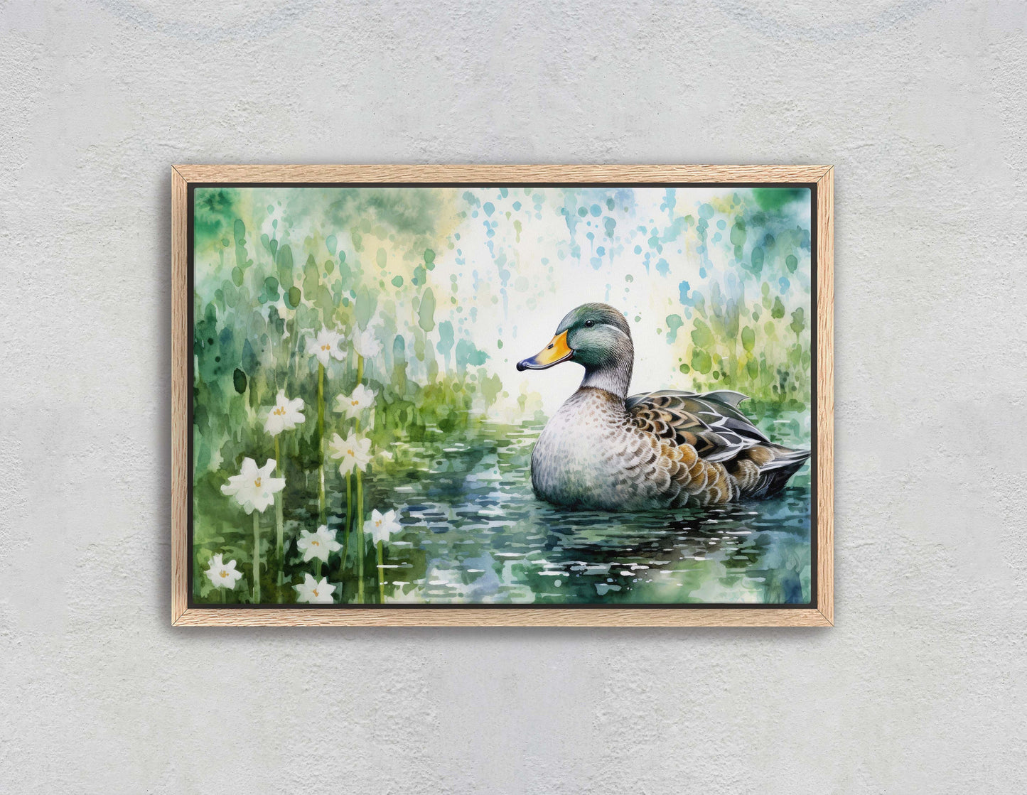 Duck Painting, Duck on Pond, Mallard Duck, Bird Art, Green Pond, Framed Canvas, Large Art Print, Traditional Print, Avian Decor