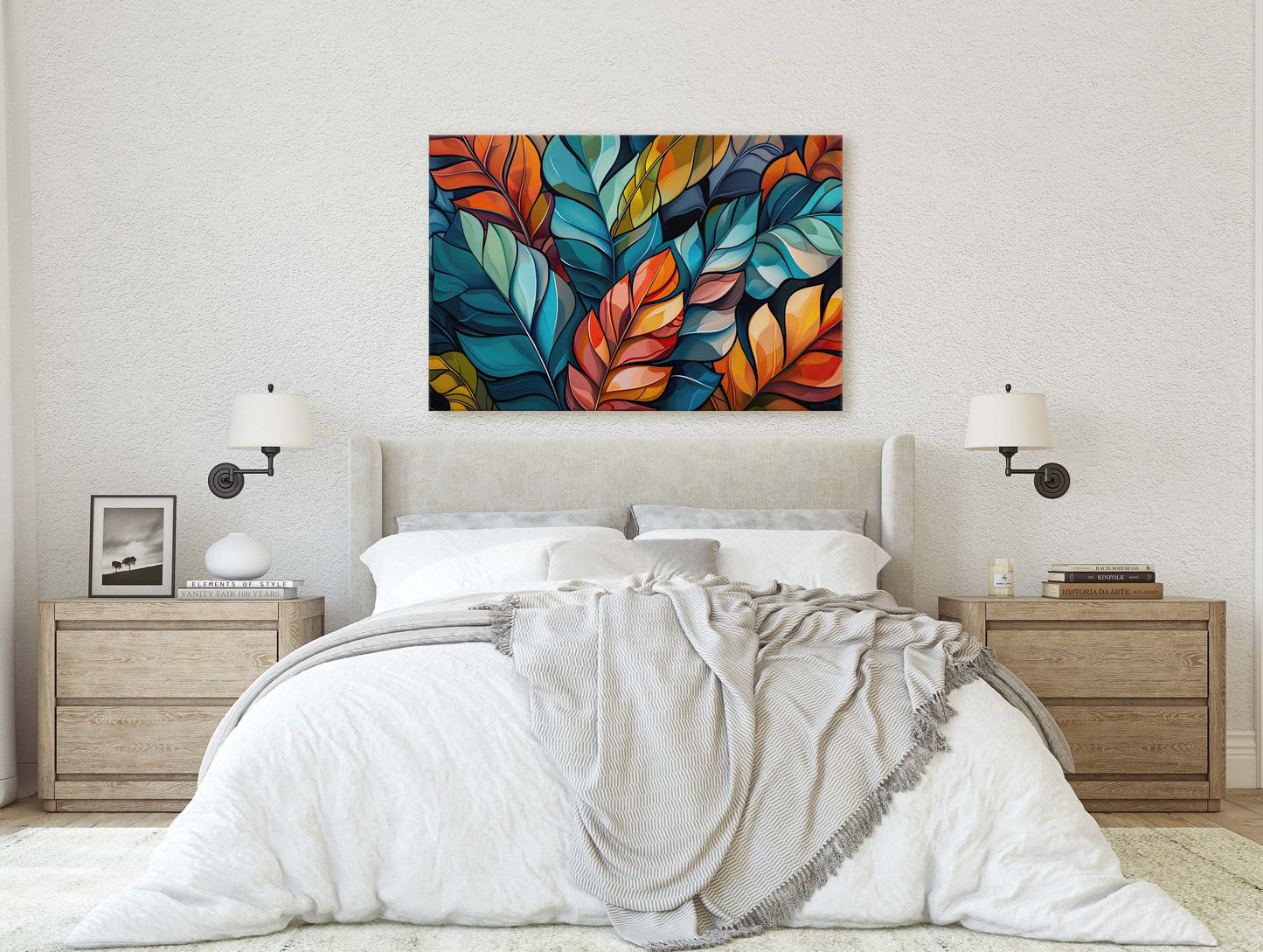 Modern Leaves, Contemporary Colorful, Fall Season, Abstract Symbolist, Framed Canvas, Large Art Print