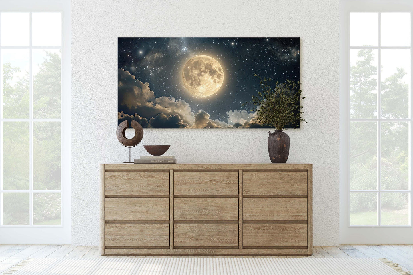 Full Moon Vintage ,Cloudy Moon Sky, Moon Painting, Moon and Stars