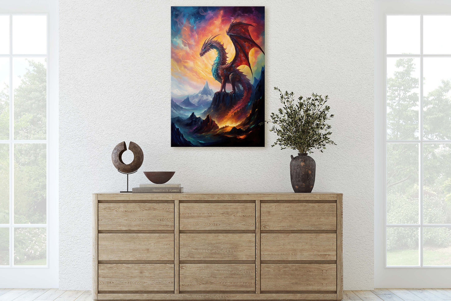Dragon Portrait, Volcano Dragon, Mythical Creature, Fantasy Animal, Framed Canvas, Poster Print, Game room, Man Cave