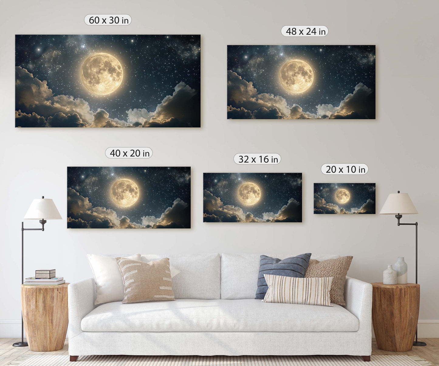 Full Moon Vintage ,Cloudy Moon Sky, Moon Painting, Moon and Stars