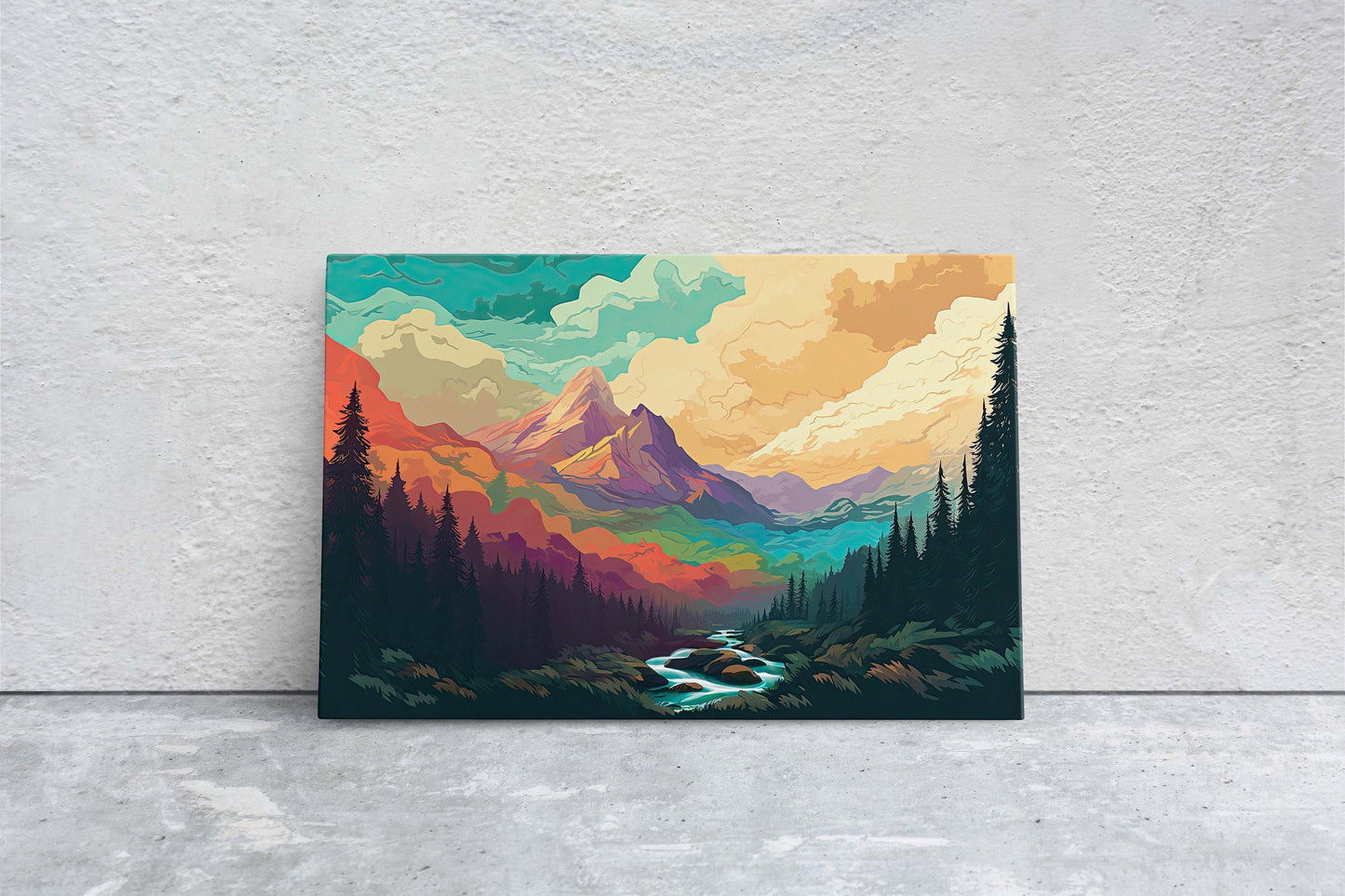 Cloud Mountains on Canvas, Flat Illustration, Sunset Colors, Sunrise Scene, Mountain Range, National Park, Abstract Art, Drawing, Framed