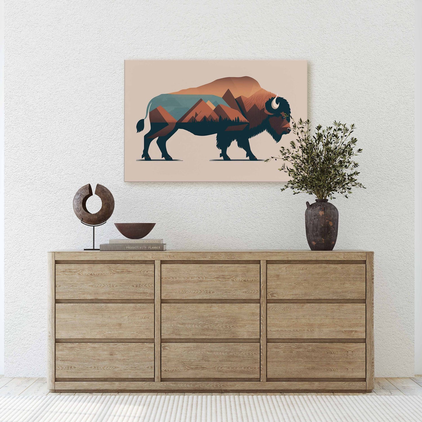 Boho Minimalist Buffalo, American Bison, Canvas Art Ready To Hang Large Print, Painting, Mountains, Neutral