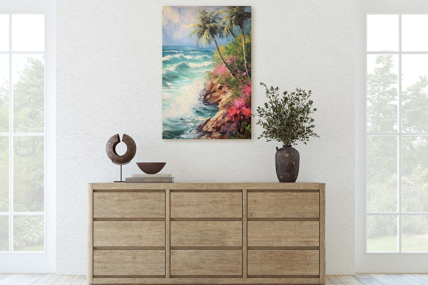 Stormy Beach on Canvas, Cliffside Waves, Flower Beach, Palm Trees, Tropical Vacation, Framed Canvas, Nature Decor, Portrait Canvas