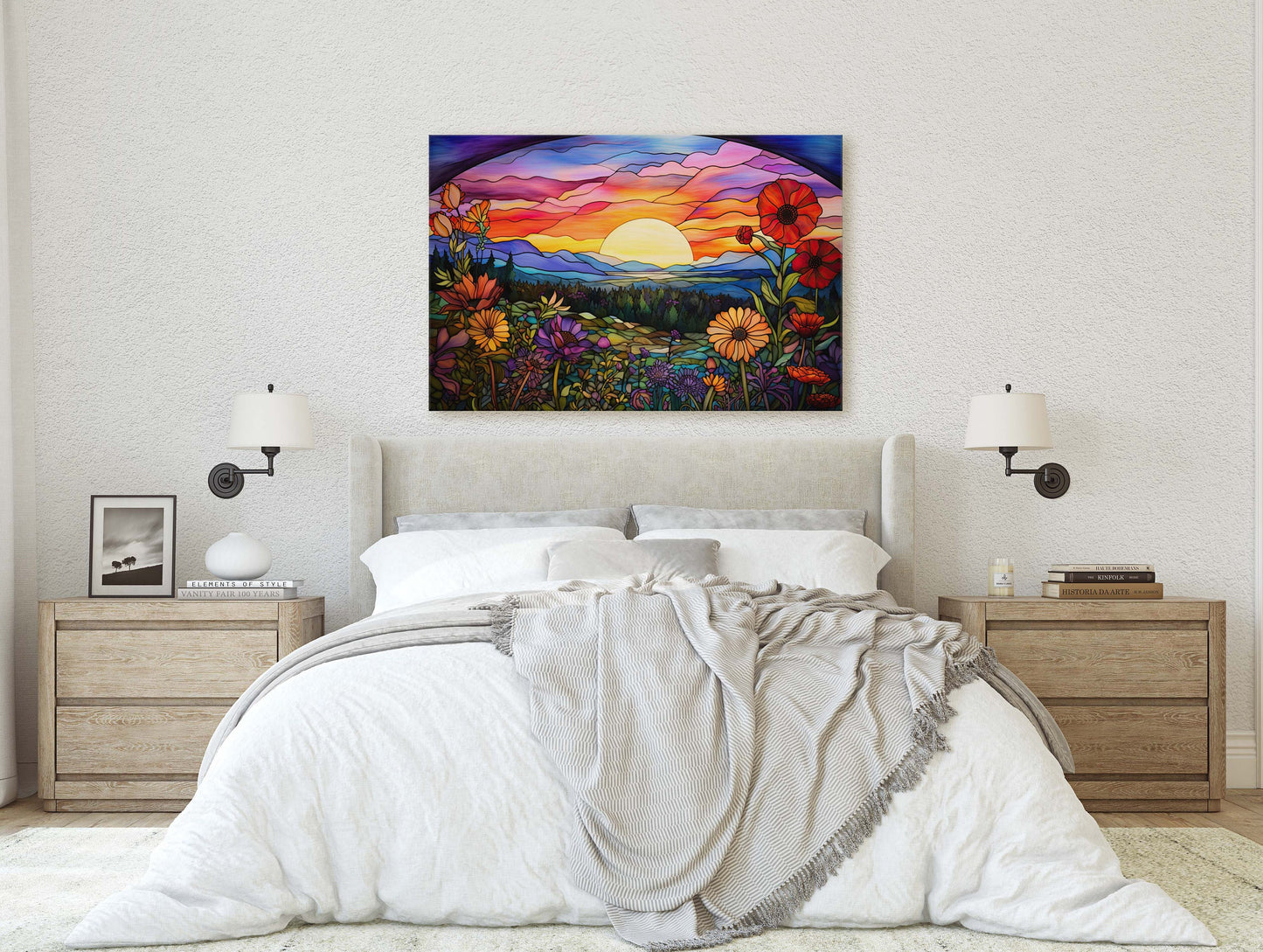 Sunset Painting, Faux Stained Glass, Colorful Vibrant, Sunrise Art, Flower Field. Mountain Decor, Framed Canvas