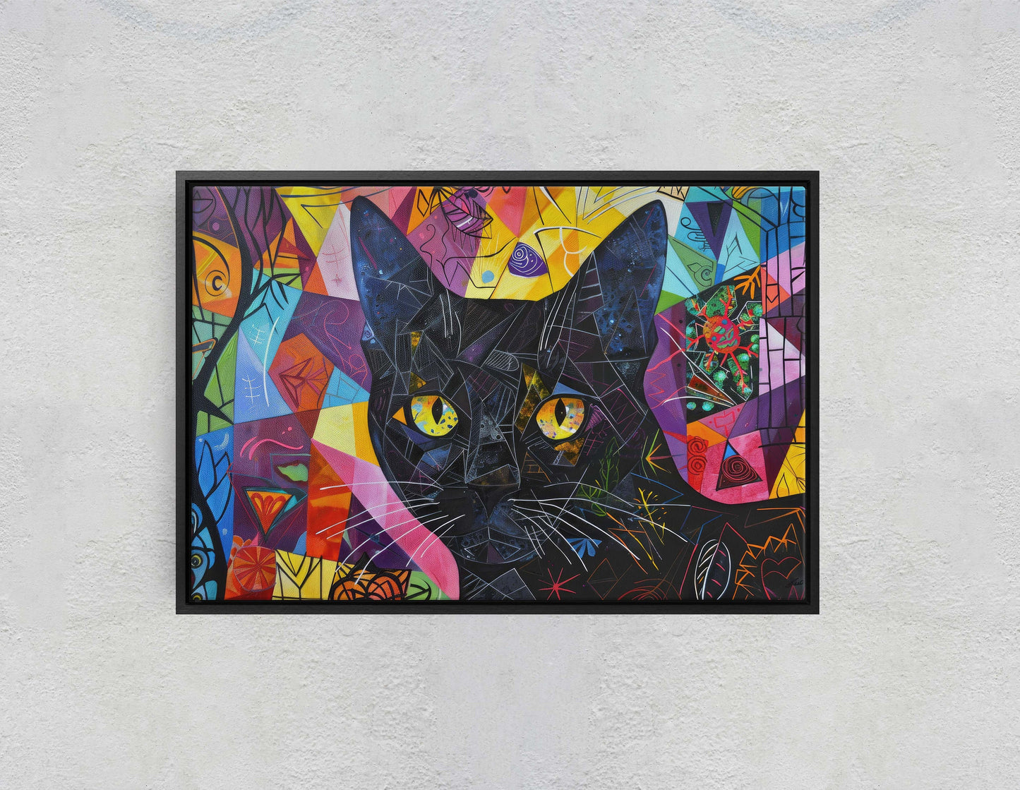 Geometric Cat Art, Whimsical Colorful, Abstract Cat, Pop Art, Large Art Print, Framed Canvas, Black Cat, Cat Lover, Animal Art