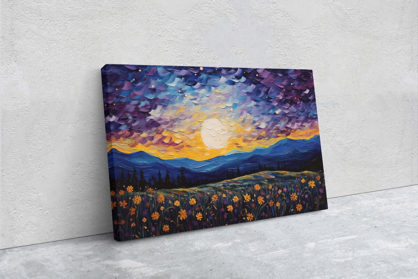 Flowers and Stars, Flower Field Painting, Blues Purples and orange, Moonlit Night, Sunset, Sunrise, Landscape Painting