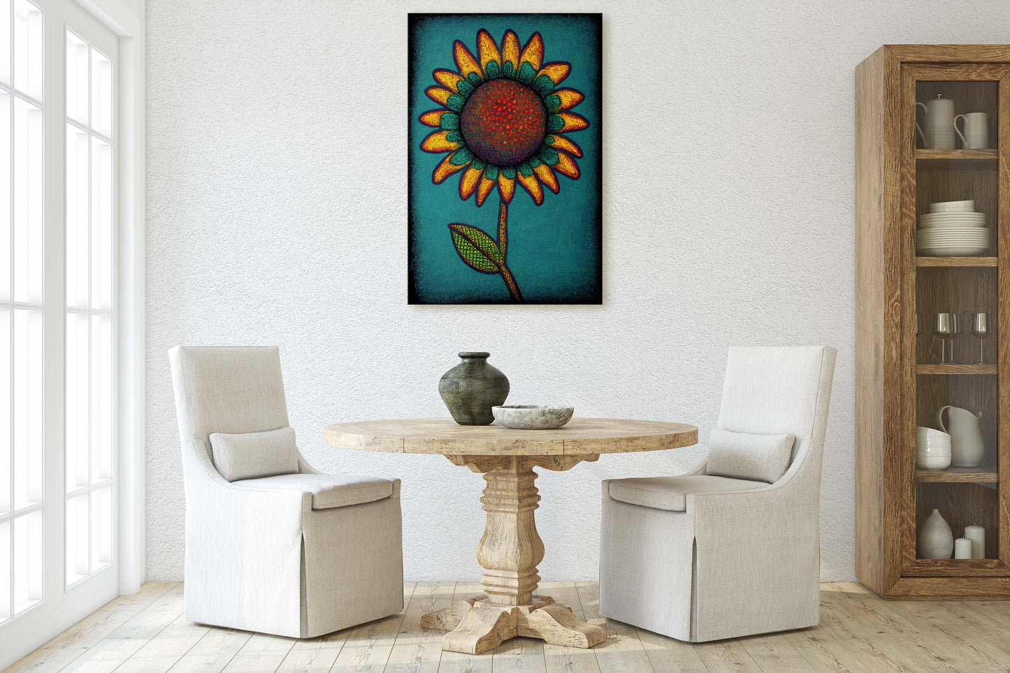 Sunflower, Abstract, Pointillism, Flower Decor, Large Canvas Print, Ready To hang, Farmhouse, Farm, Vertical Print, Modern Art, Contemporary