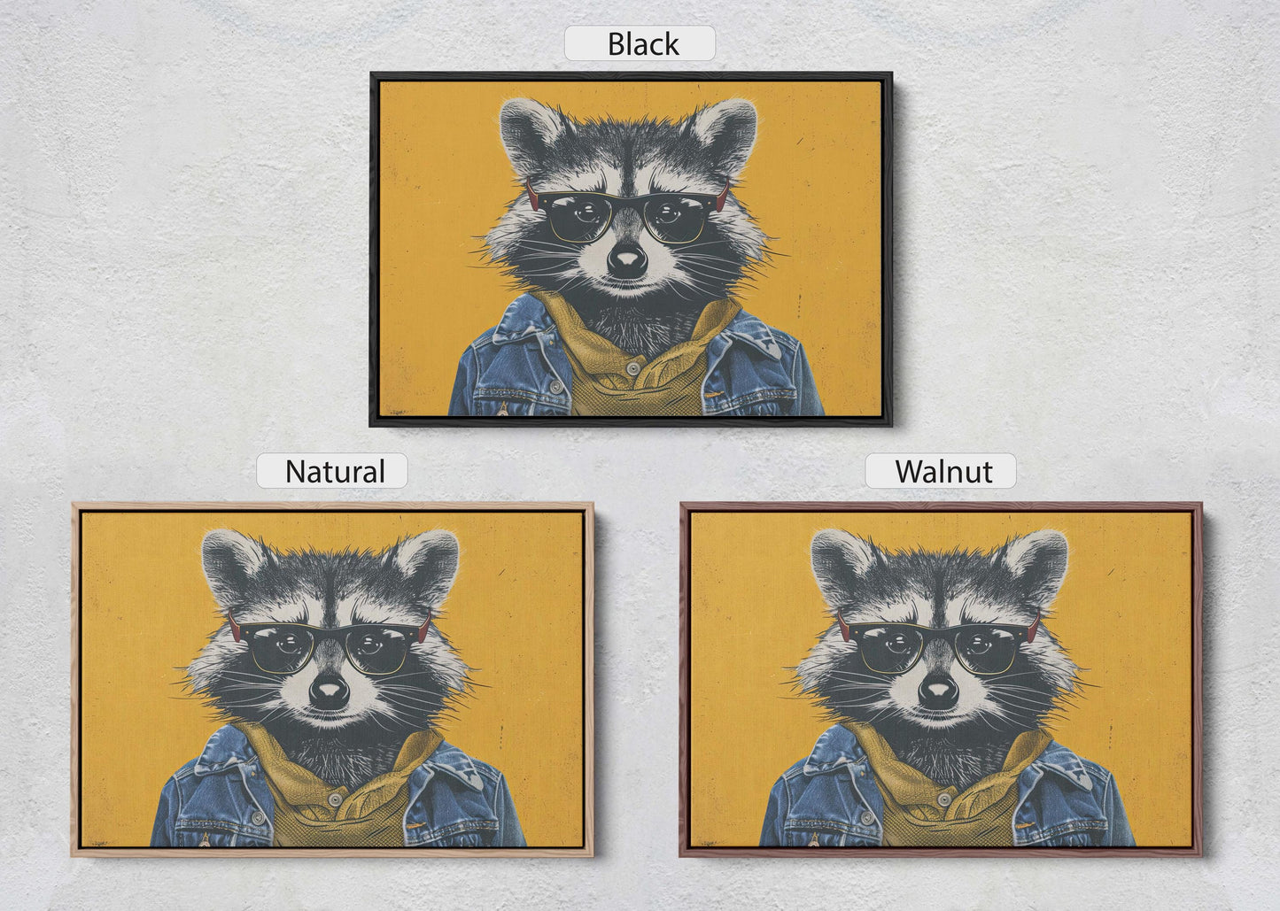 Hipster Racoon, Pop Art, Street Art, Graffiti Painting, Animal Sunglasses, Yellow, Fun Quirky, Large Art Print, Kids Room, Boys Room
