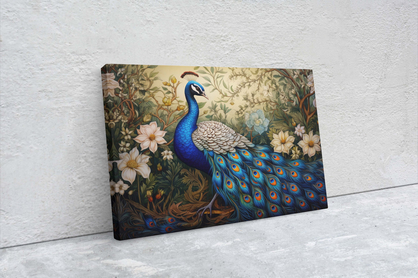 Peacock Painting, White Flowers, Oriental Decor, Traditional Decor, Framed Canvas, Bird Print