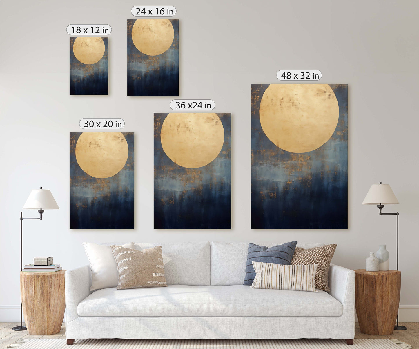 Gold Moon on Indigo, Moon Painting, Minimalist Art, Circle Indigo, Maximalist Art, Contemporary Decor, Celestial Art, Space Decor, Night Sky