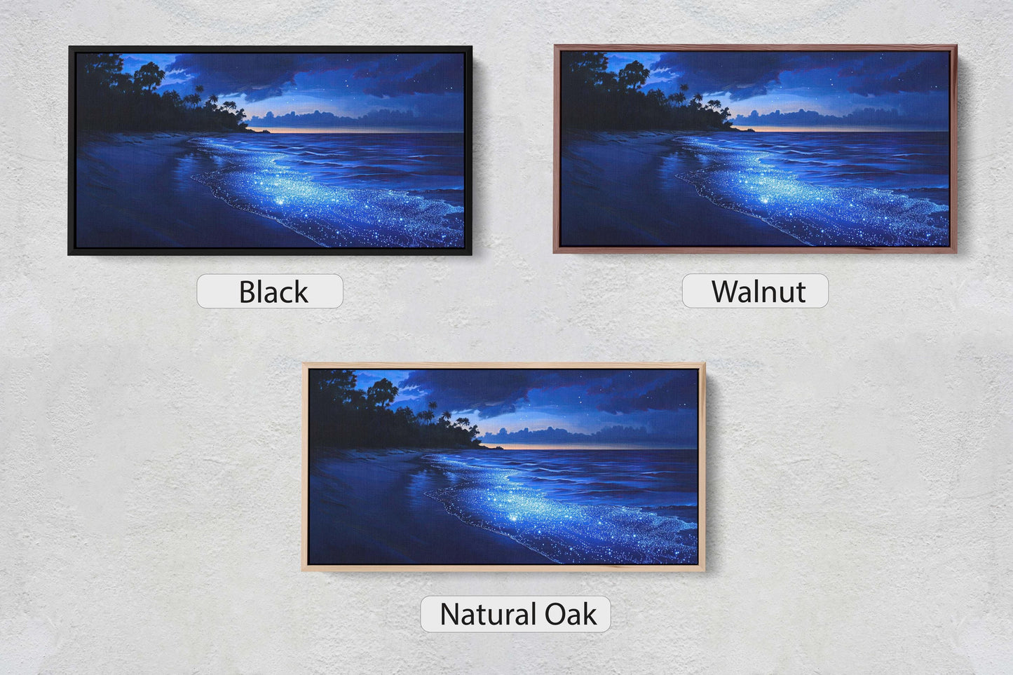 Starry Beach, Night Beach Art, Coast Painting, Blue Glow