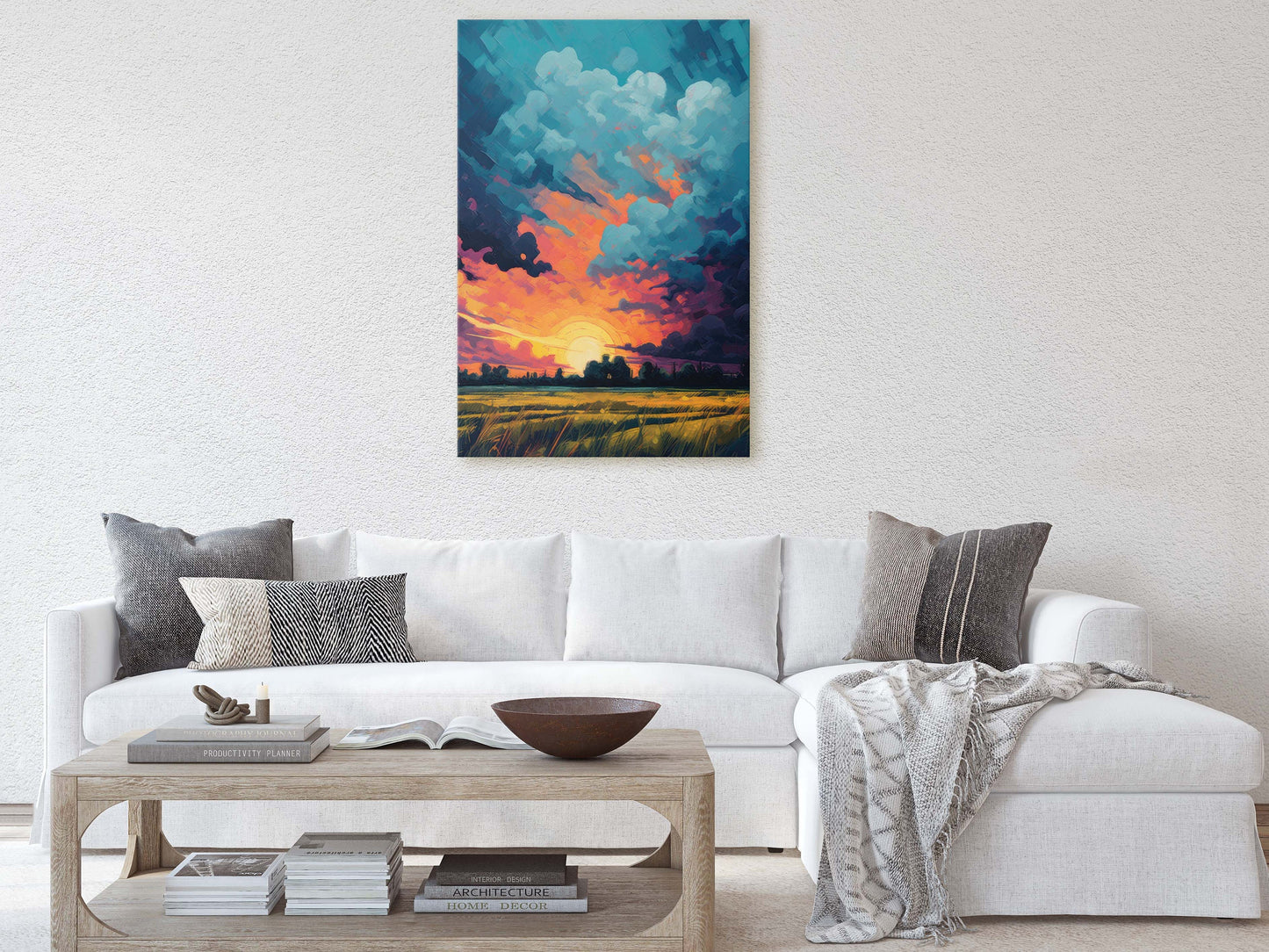 Sunset Field, Vibrant Color, Soothing Art, Peaceful Decor, Painting, Broad Brush stroke, Vivid Art, Large Print, Ready to Hang