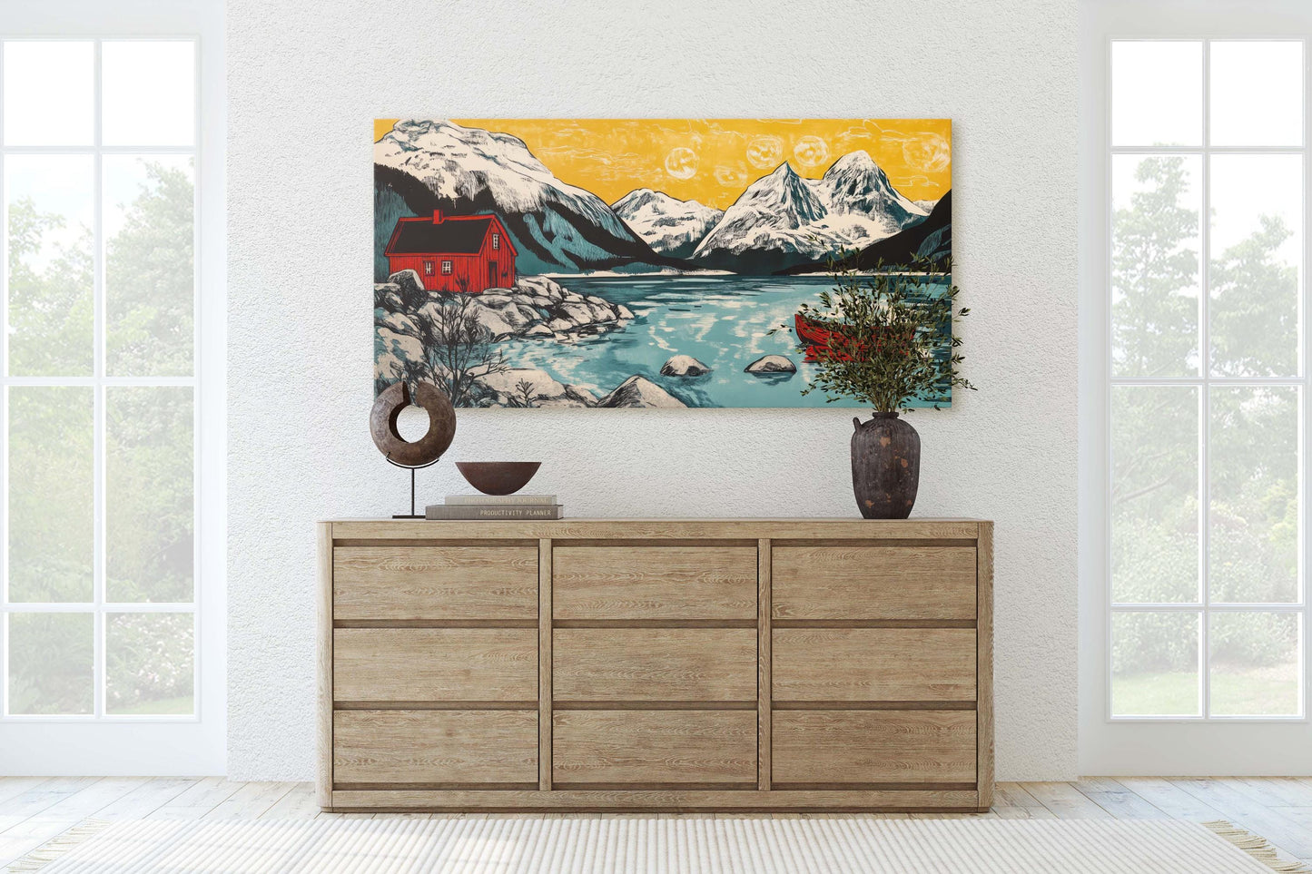 Scandinavian Art, Mountain Cabin, Mountain Lake, Canoe Lake