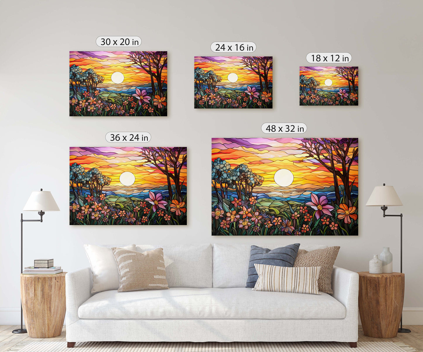 Stained Glass Painting, Faux Stained Glass, Sunset Flowers, Sunrise Field, Mountain Landscape, Framed Canvas, Vivid Colorful