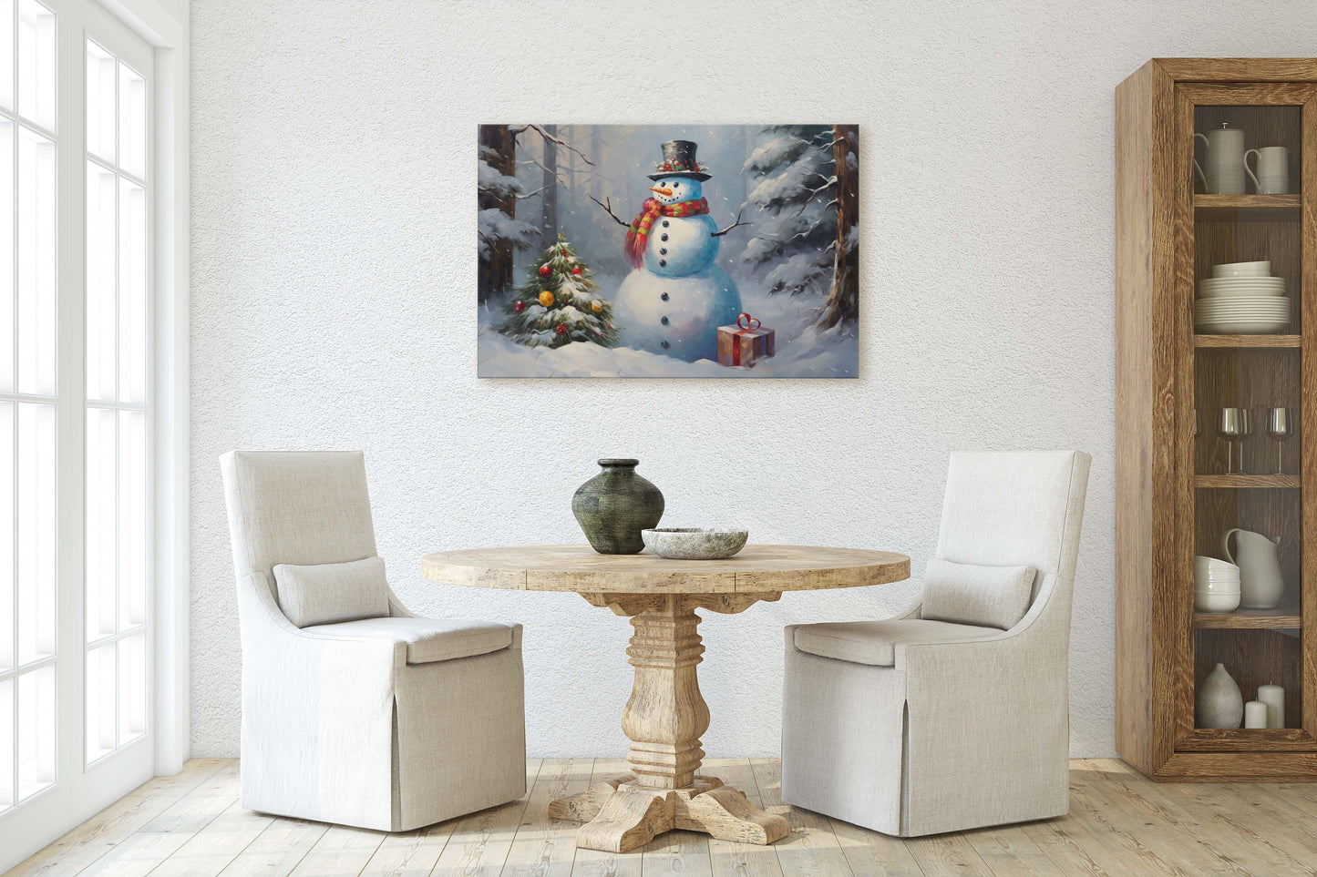 Snowman Present, Christmas Snowman, Snow Trees, Festive Decor, Holiday Art, Xmas Print, Framed Canvas, Large Print