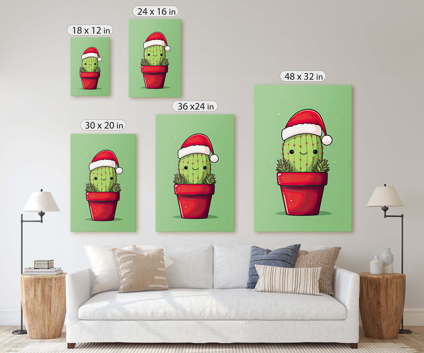 Christmas Cactus, Cute Cactus, Cute Christmas Decor, Illustration, Southwester, Chibi Style, Cartoon Cactus