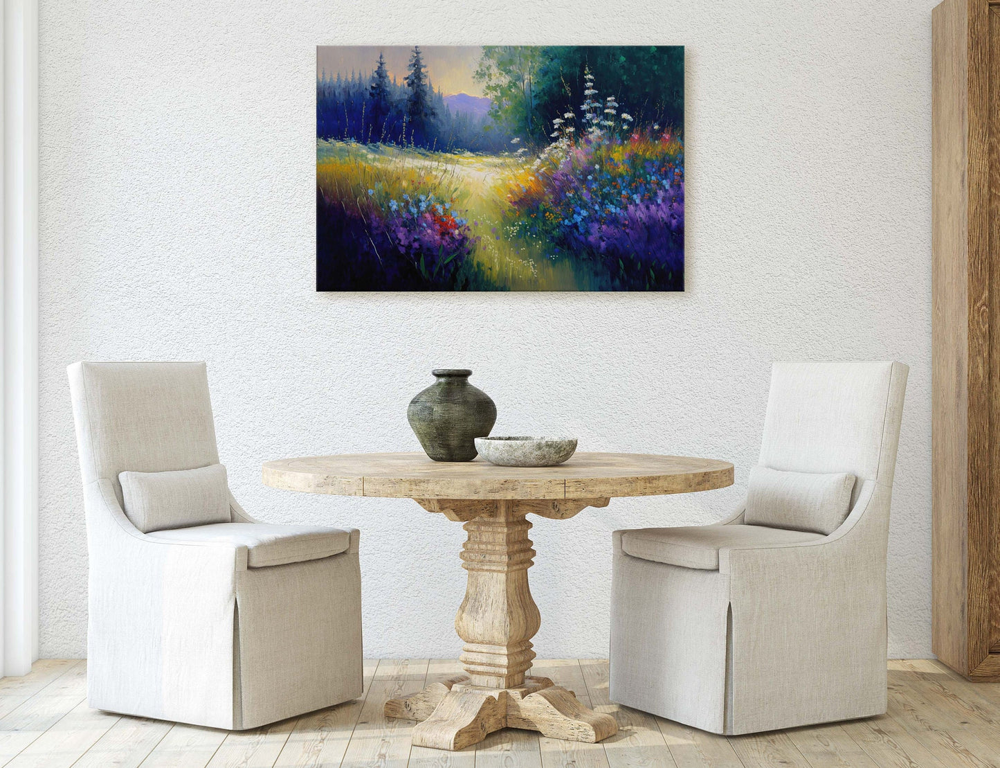 Flower Meadow Canvas Art Ready To Hang Large Print, Oil Painting, Landscape