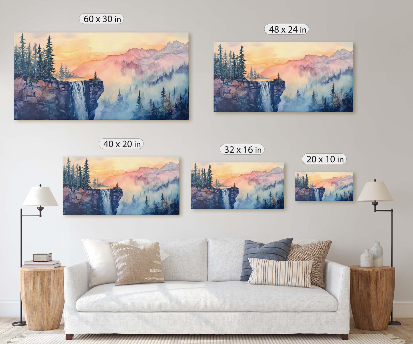 Cliff Waterfall, Watercolor Cliff, Mountain Painting, Scenic Art