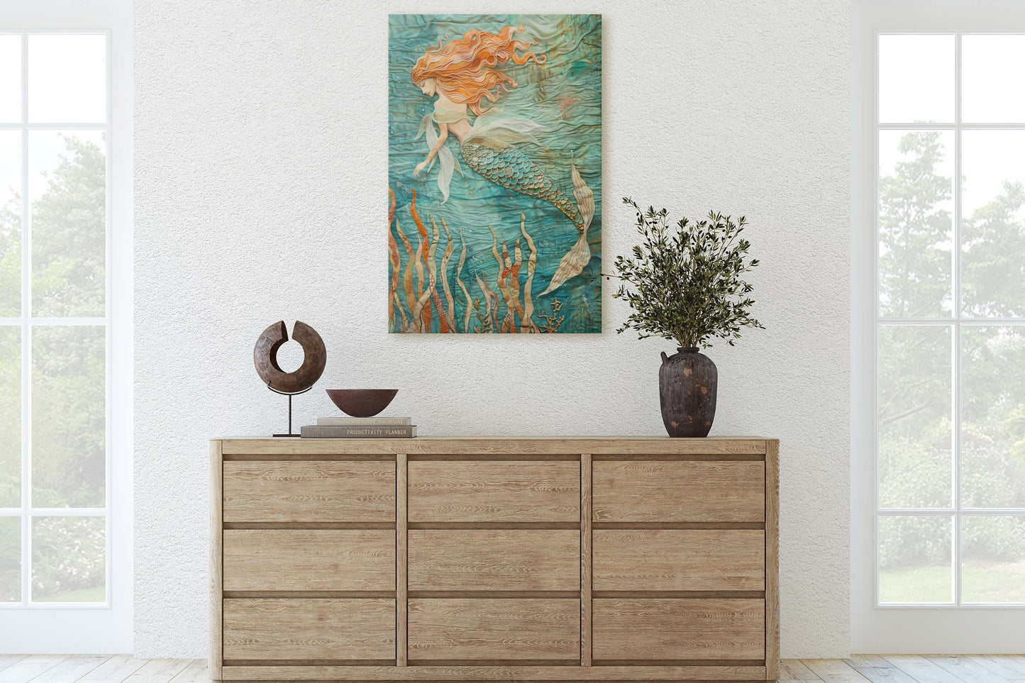 Mermaid in Garden, Nautical Artwork, Ocean Decor, Mythical Creature, Fantasy Decor, Faux Fabric, Framed Canvas, Extra Large Print