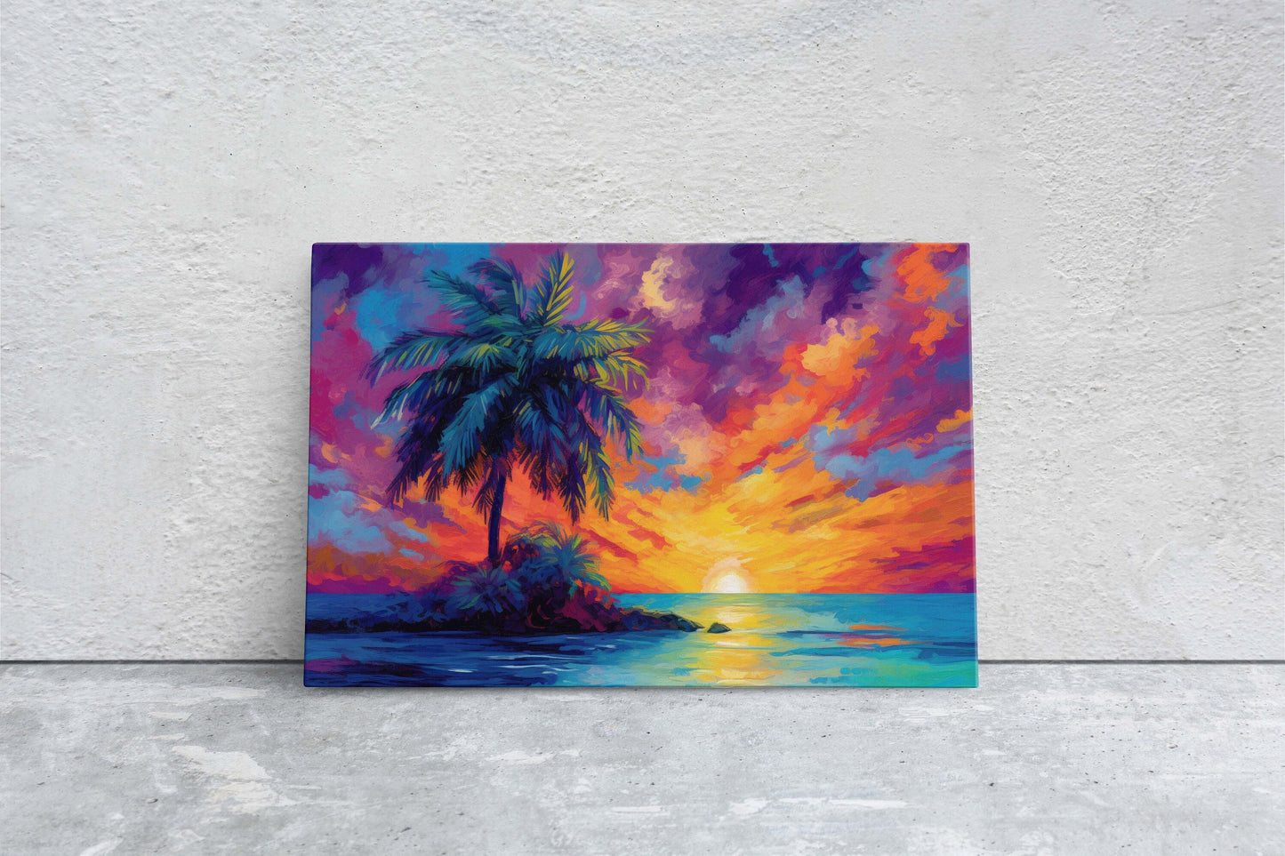Vivid Palm Sunset on Canvas, Palm Tree Dusk, Evening Ocean View, Oceanside, Colorful Beach, Framed Canvas, Watercolor, Painting