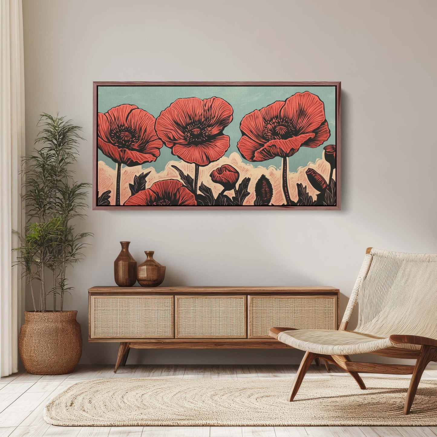 Red Poppies Art, Poppy Print, Linocut Print, Scandinavian Art