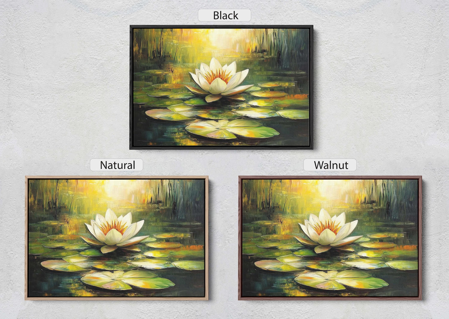 White Lotus Painting, Lily Pad Art, Green Lake, Nature Painting