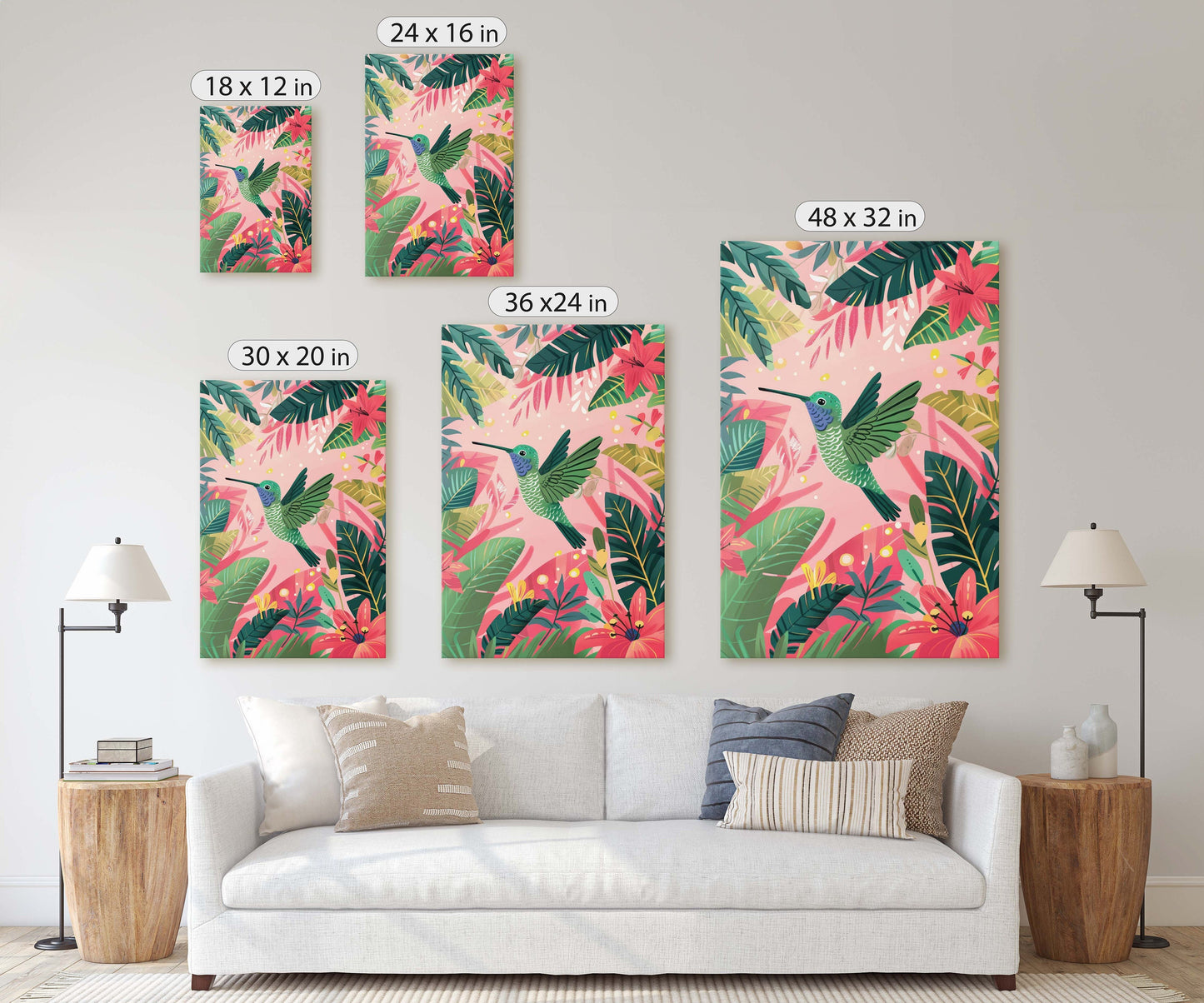 Hummingbird Illustration, Framed Canvas, Tropical Art, Maximalist Jungle, Botanical Print, Bold Eclectic, Pink Art