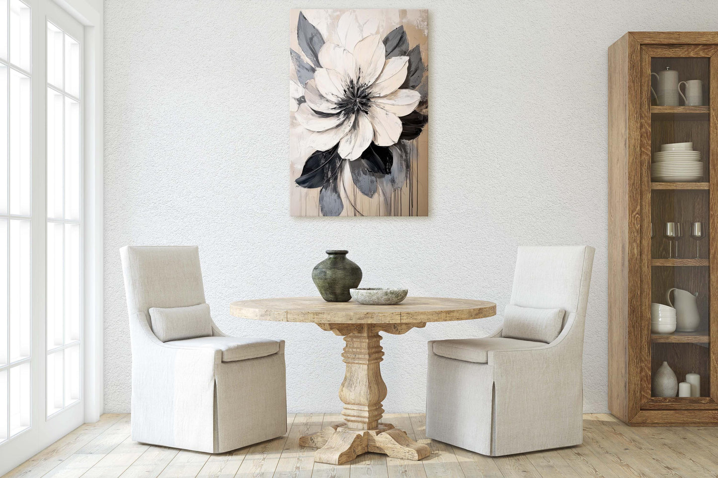 Flower Painting, Black White Flower, Contemporary Art, Beige Black White