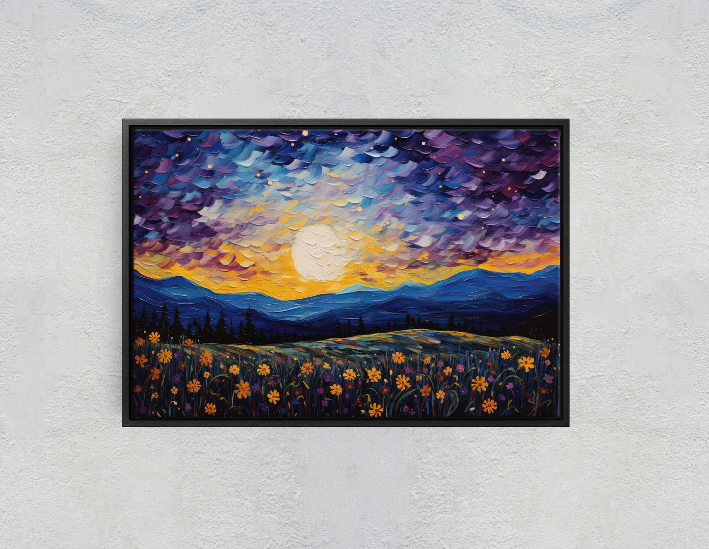 Flowers and Stars, Flower Field Painting, Blues Purples and orange, Moonlit Night, Sunset, Sunrise, Landscape Painting
