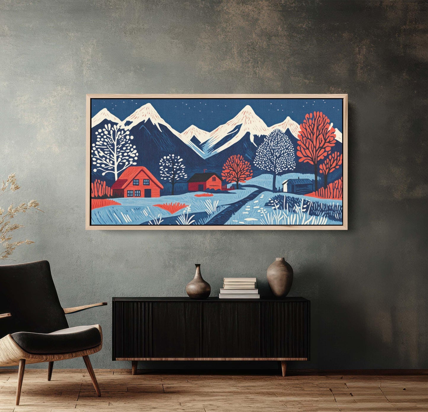 Scandinavian Village, Mountain Village, Mountain Town, Linocut Print