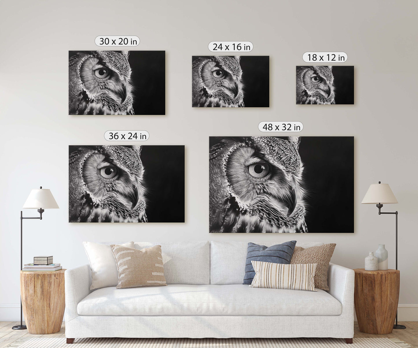 Black and White Owl, Owl Picture, Cabin Decor, Mountain Home Art, Framed Canvas, Owl Painting, Neutral Color, Bird Photo, Owl Photography