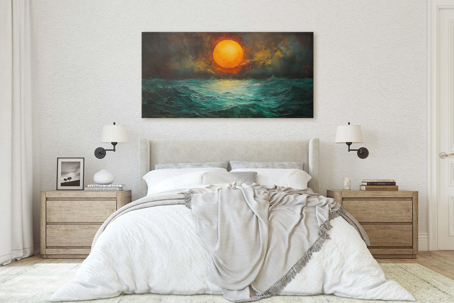 Dark Sunset, Orange Sun, Green Sea, Dark Colors, Moody Print