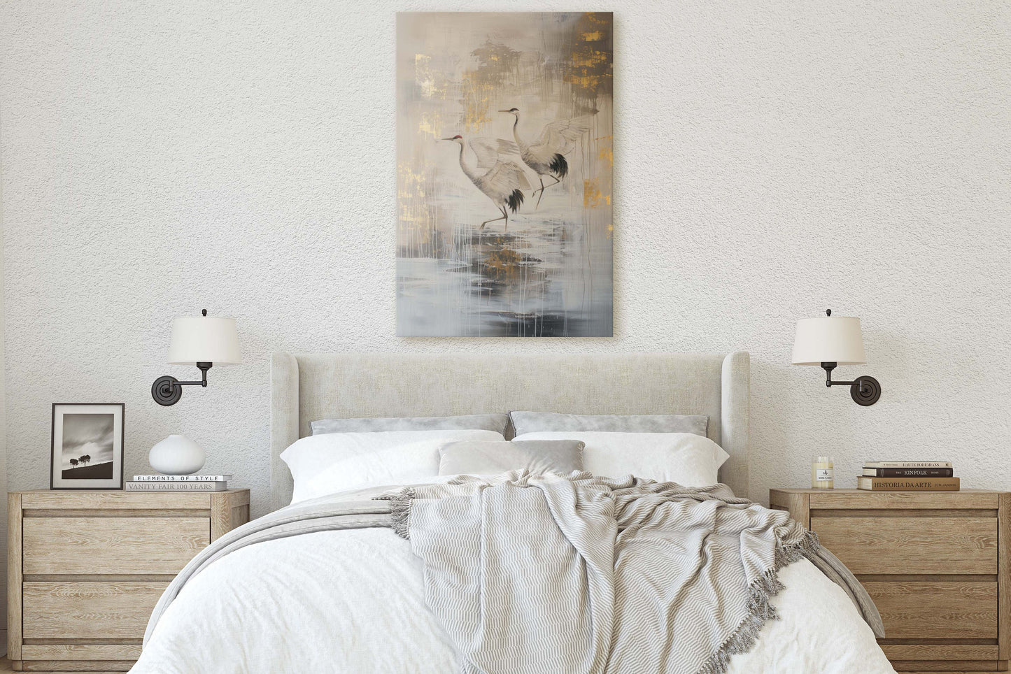 Gold Japanese Cranes, Gold and Beige, Minimalist Art, Heron Decor, Framed Canvas, Japandi Print, Extra Large, Neutral Tones