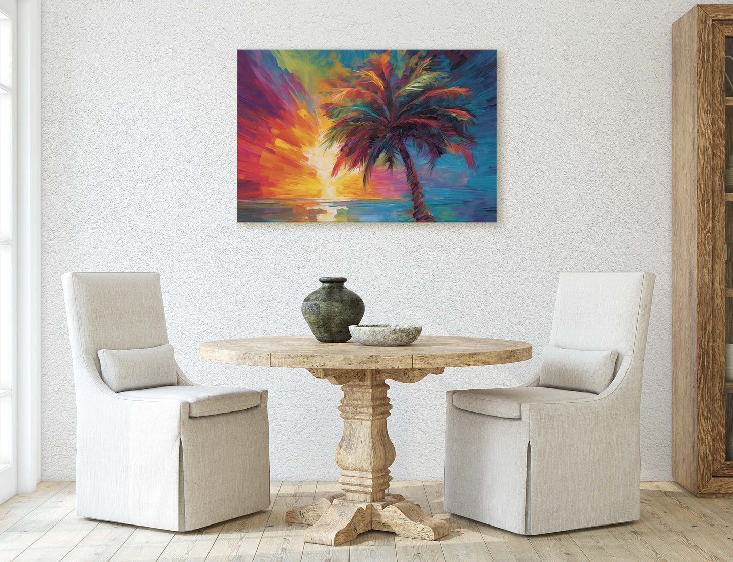 Modern Palm Tree on Canvas, Contemporary Art, Colorful Beach, Vivid Tree, Mid Century, Abstract Plant, Framed Canvas, Waterfront, Ocean