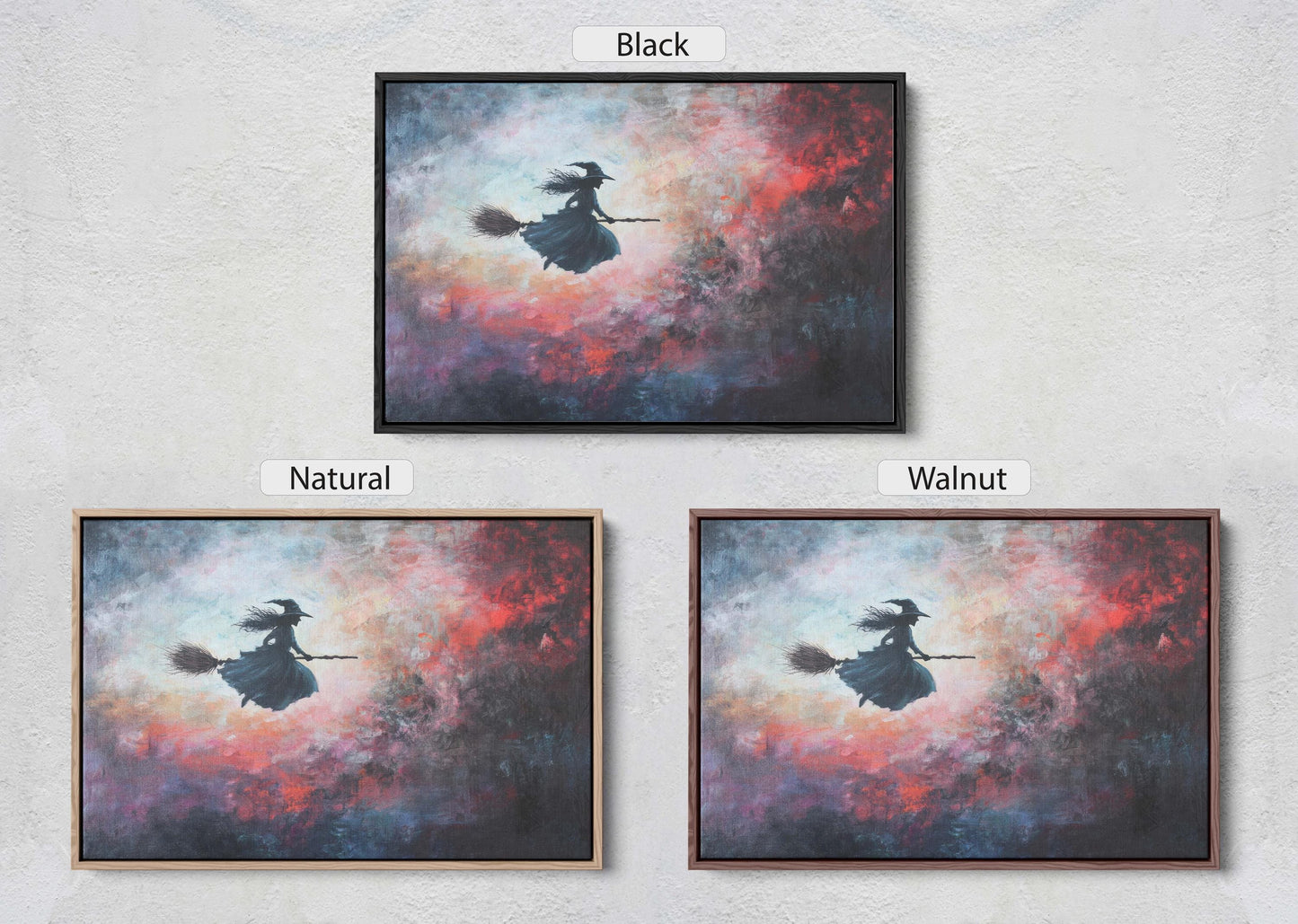 Flying Witch, Witch on Broomstick, Whimsical Decor, Full Moon, Halloween Art, Cloudy, Fall Art, Colorful