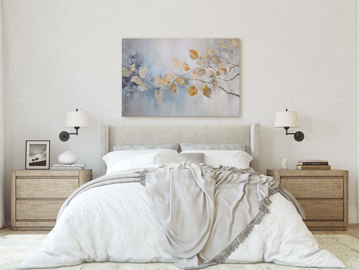 Golden Leaves Rain, Floral Art Painting, Contemporary Canvas, Large Print, Framed Canvas, Neutral Color, Gray and Gold, Blue Tones
