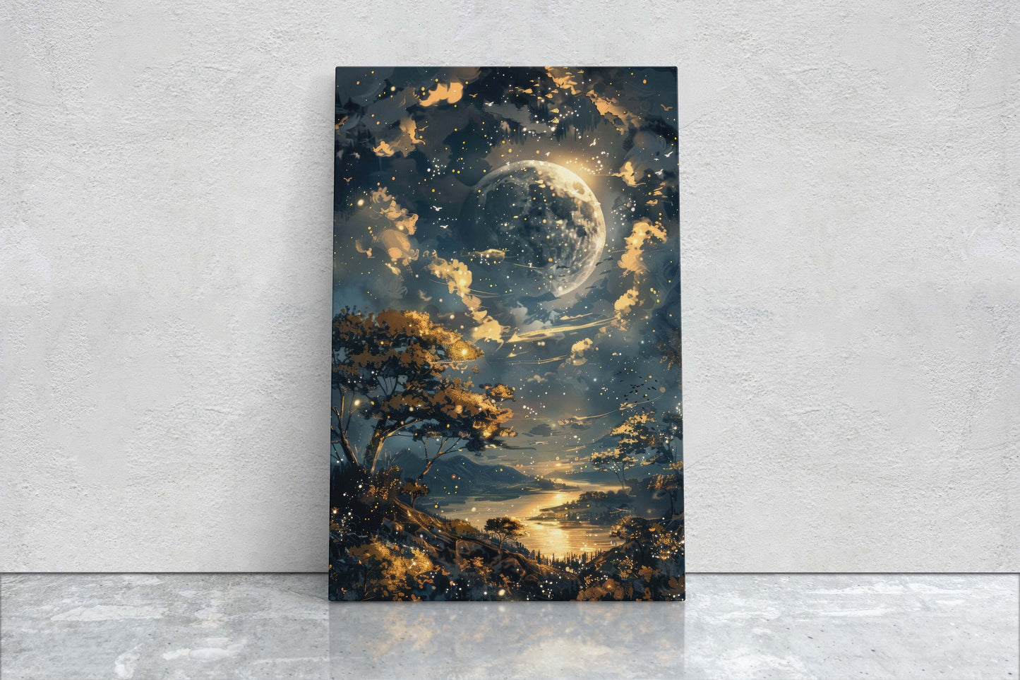 Full Moon, Celestial Painting, Night Sky, Golden Glow, Majestic Landscape, Framed Canvas, Large Art Print